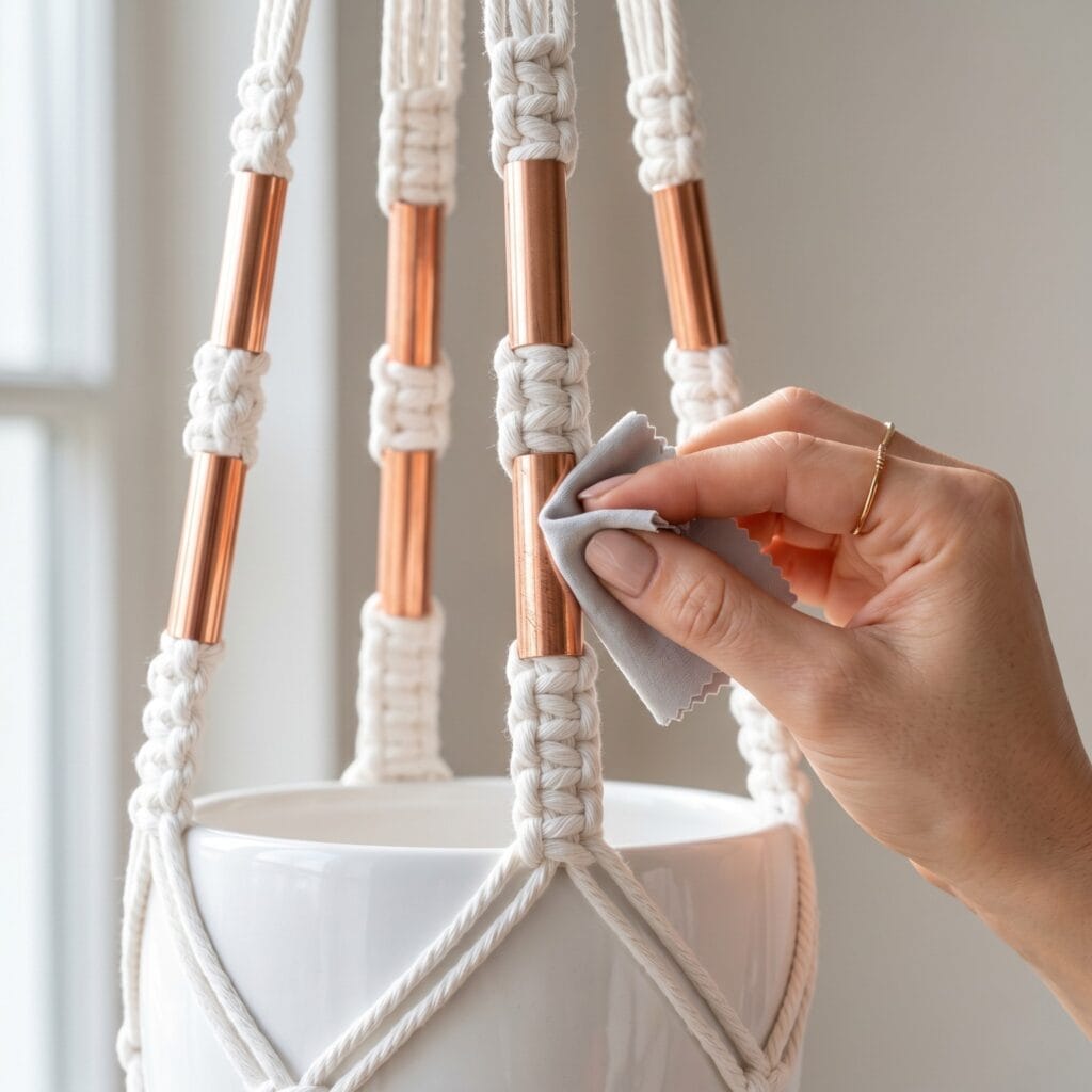 A white cotton macrame plant hanger featuring metallic copper pipe spacers holding a white porcelain pot.