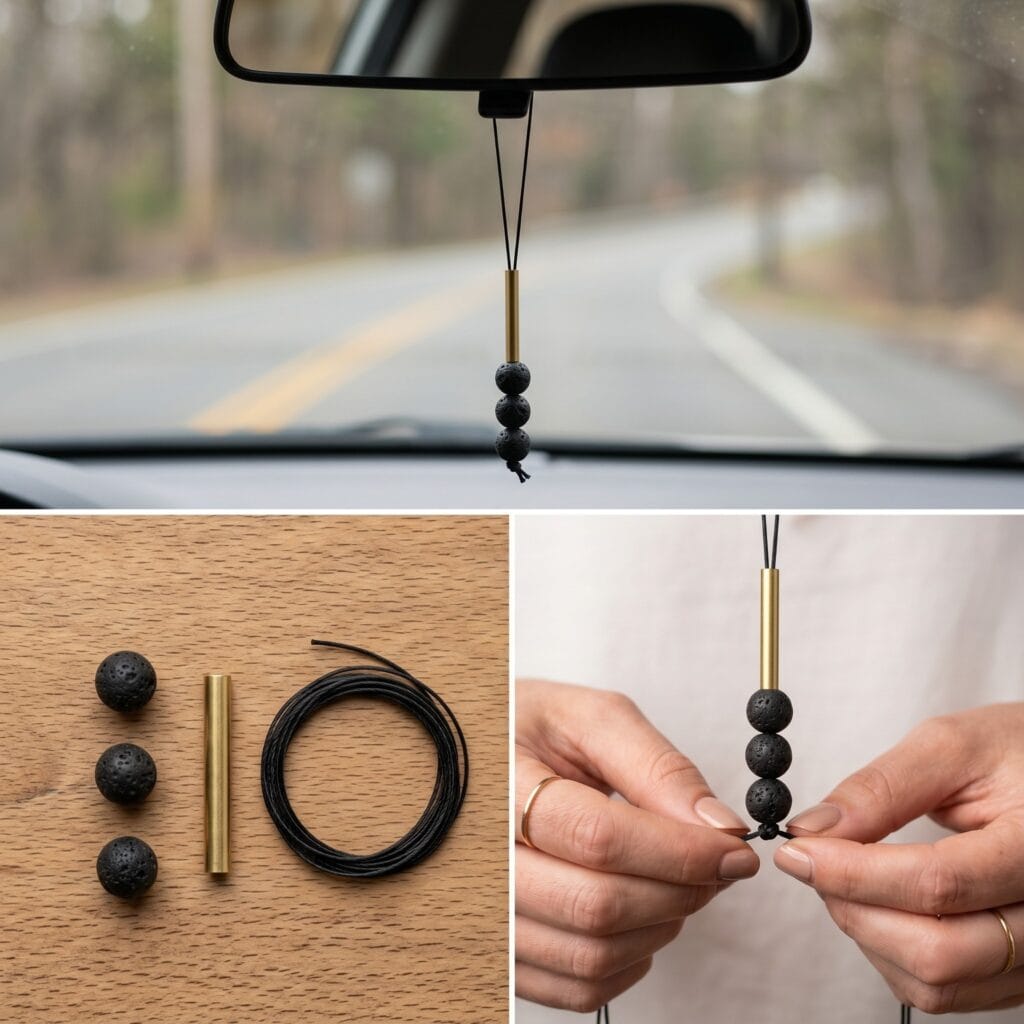 A 3-panel tutorial collage for geometric DIY car charms, showing three black lava beads with a brass tube on a wooden table, tying a clean knot, and the finished minimal diffuser on a rearview mirror.