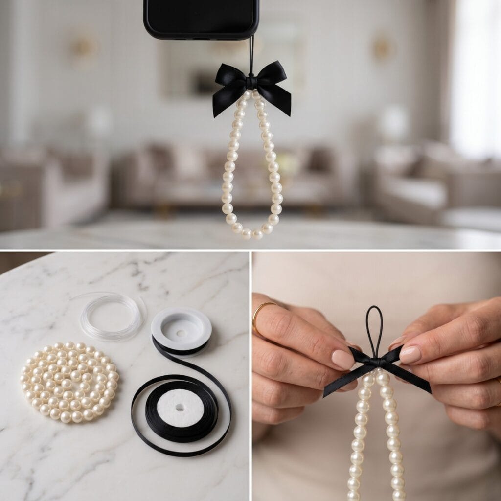 A 3-panel elegant crafting guide illustrating glossy ivory glass pearl beads on an elastic cord, with hands tying a classic black satin ribbon bow at the top anchor loop of the finished phone charm.