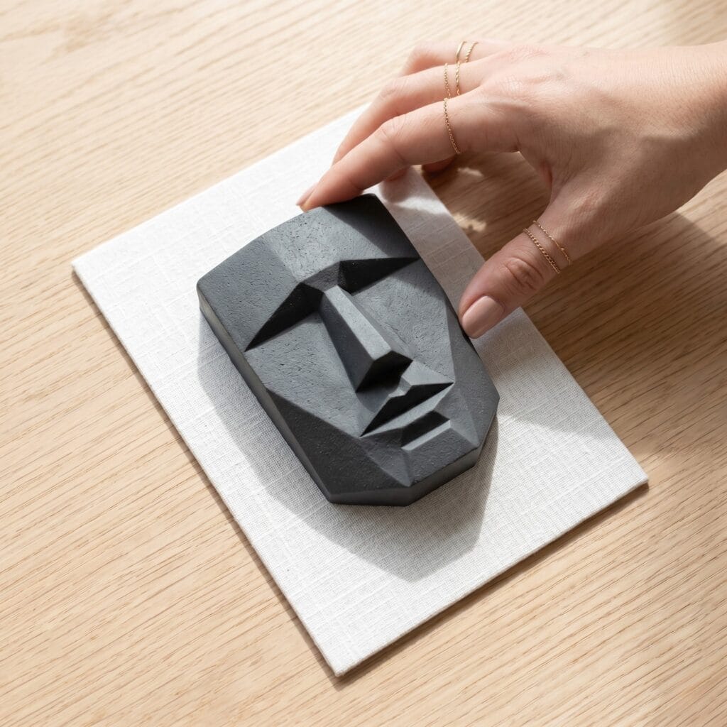 A single hand mounting a charcoal gray geometric cubist clay face sculpture onto a linen backing card.