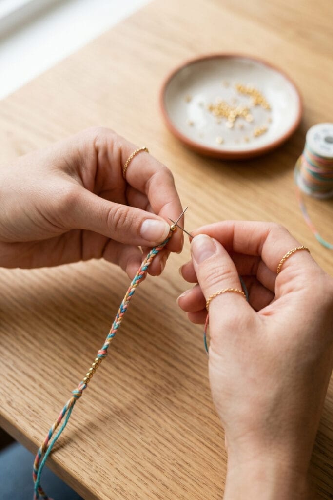 Artisan adding tiny gold beads to beautiful DIY bracelets with string on an oak table.