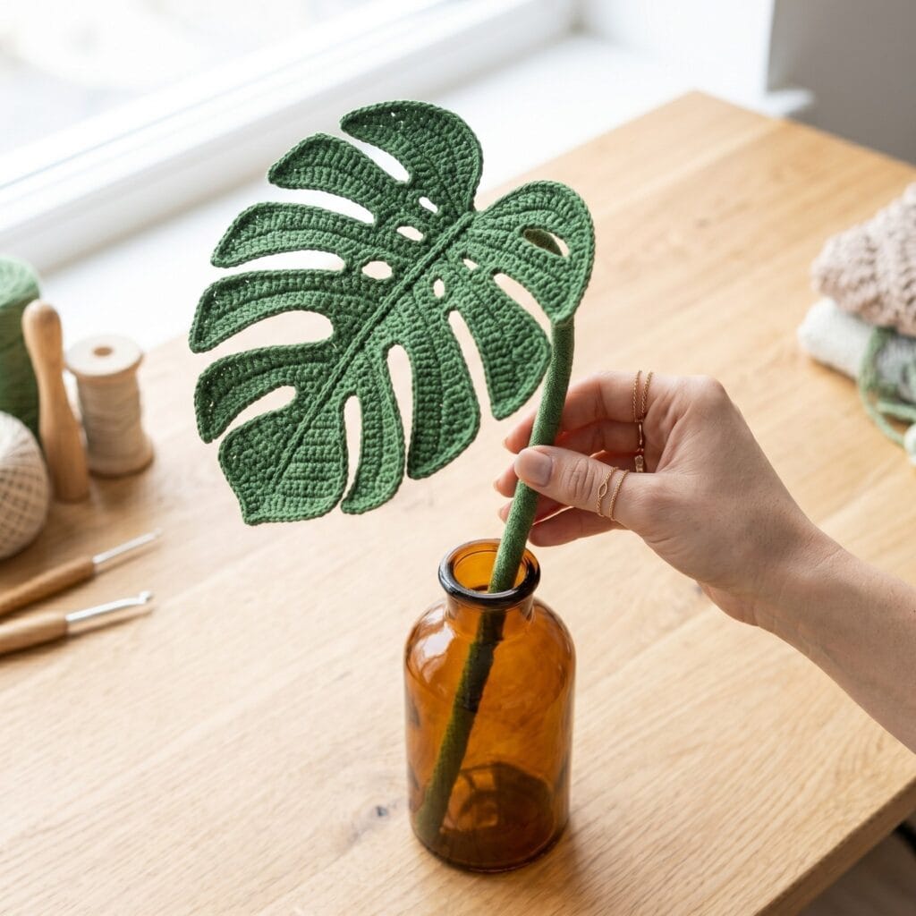 Hands placing a structural crochet monstera leaf statement stem into an amber glass bottle.