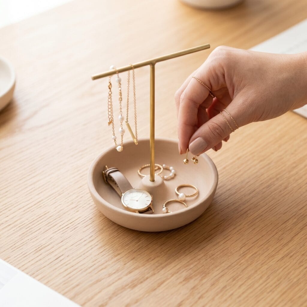 Hands placing stud earrings onto a ceramic dish with a built-in brass wire T-bar jewelry organizer.