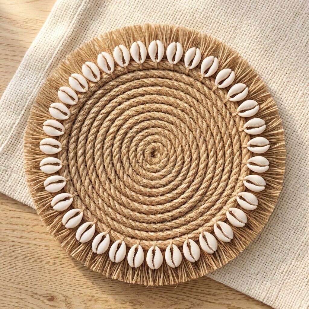 A beach inspired jute rope coaster with small white cowrie shells stitched evenly around the outer edge for a coastal boho aesthetic