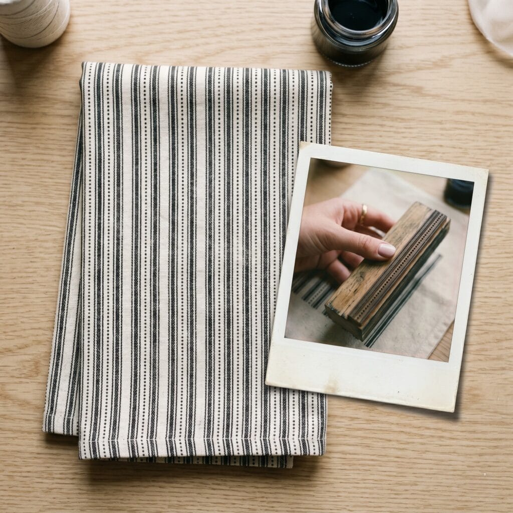 A farmhouse style grain sack patterned tea towel showing thin vertical black stamped stripes interspersed with delicate rows of tiny black ink dots on raw woven cotton fabric
