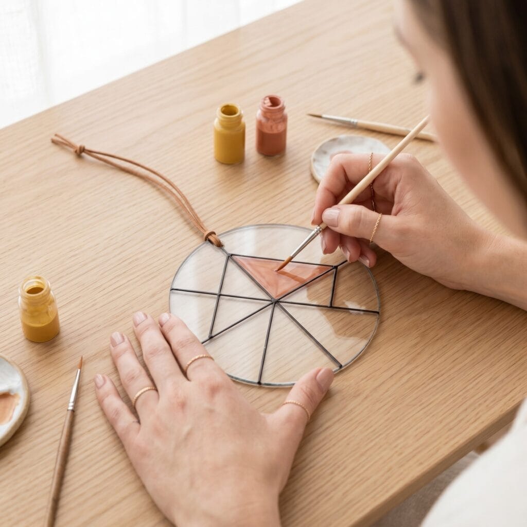 Sheer geometric stained glass suncatchers created for Glass Painting and Decoration in a window setting.