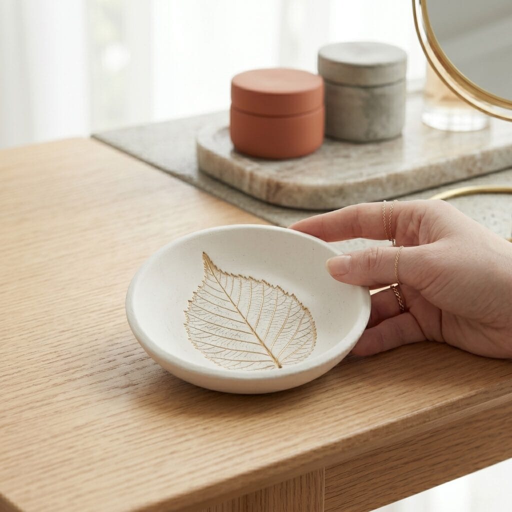 A manicured hand holding a finished matte white nesting bowl made of clay, displaying a deep botanical leaf imprint painted with gold.