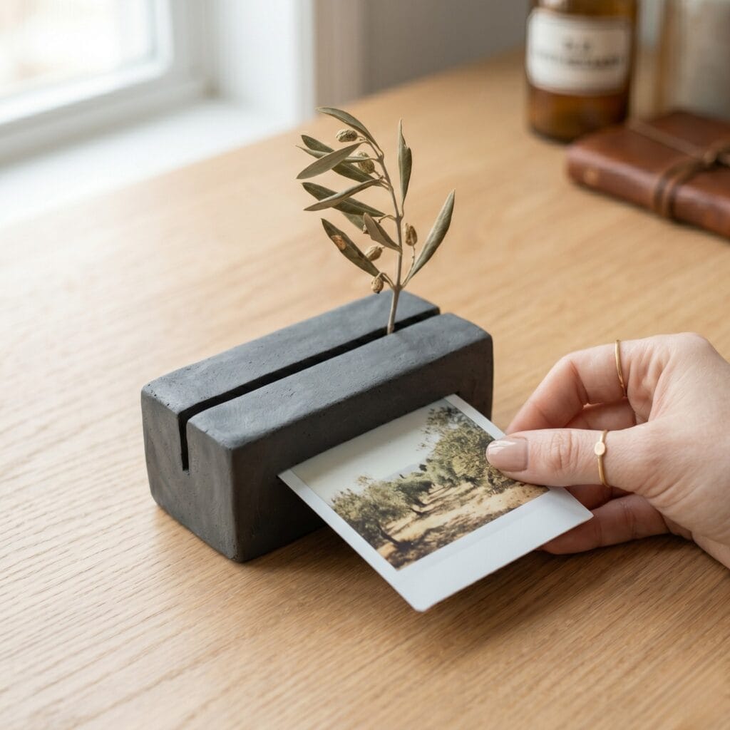 A single hand sliding a polaroid photo into a charcoal gray air dry clay pottery display block featuring two deep parallel slot channels.