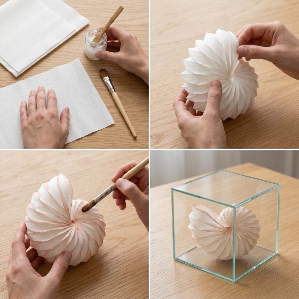 A 2x2 photo grid tutorial showing how to make a delicate watercolor crepe paper nautilus shell.