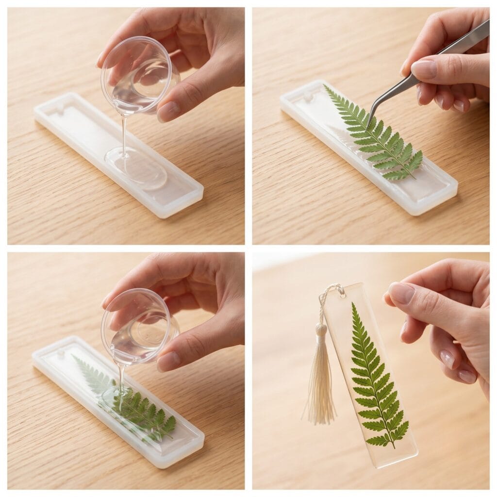 A single hand sliding a finished clear resin bookmark with a pressed fern leaf into a linen-bound book.