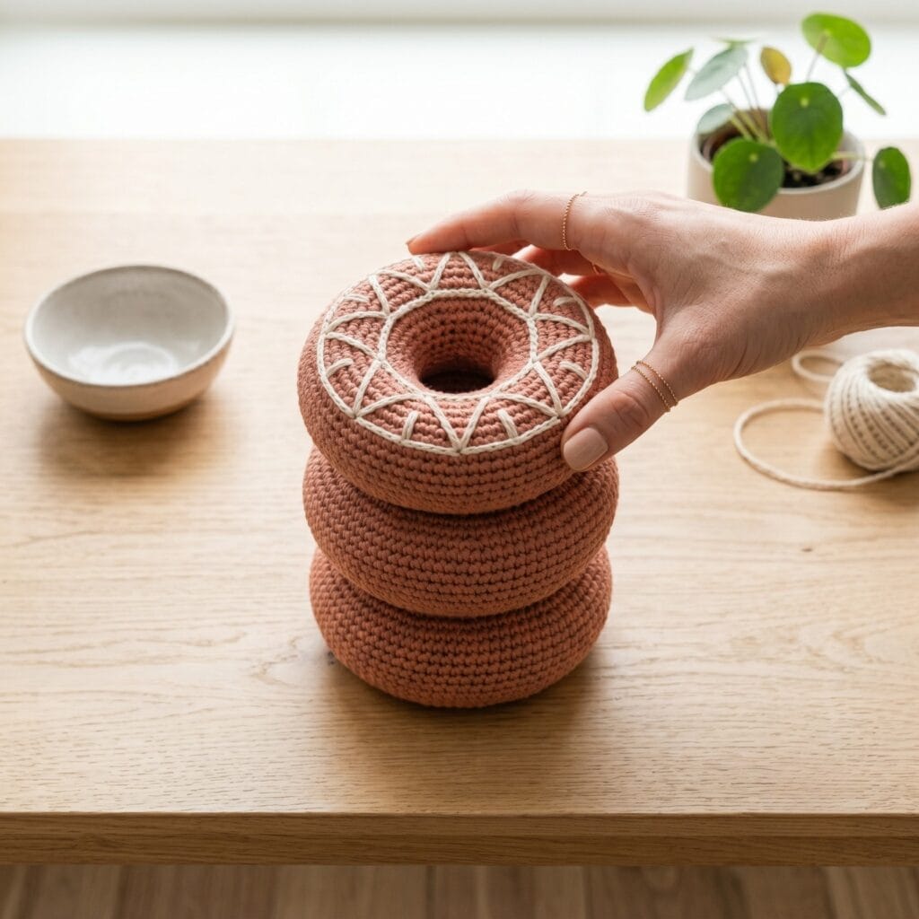 A single hand holding a finished terracotta pink geometric crochet donut cat toy on a modern bench.