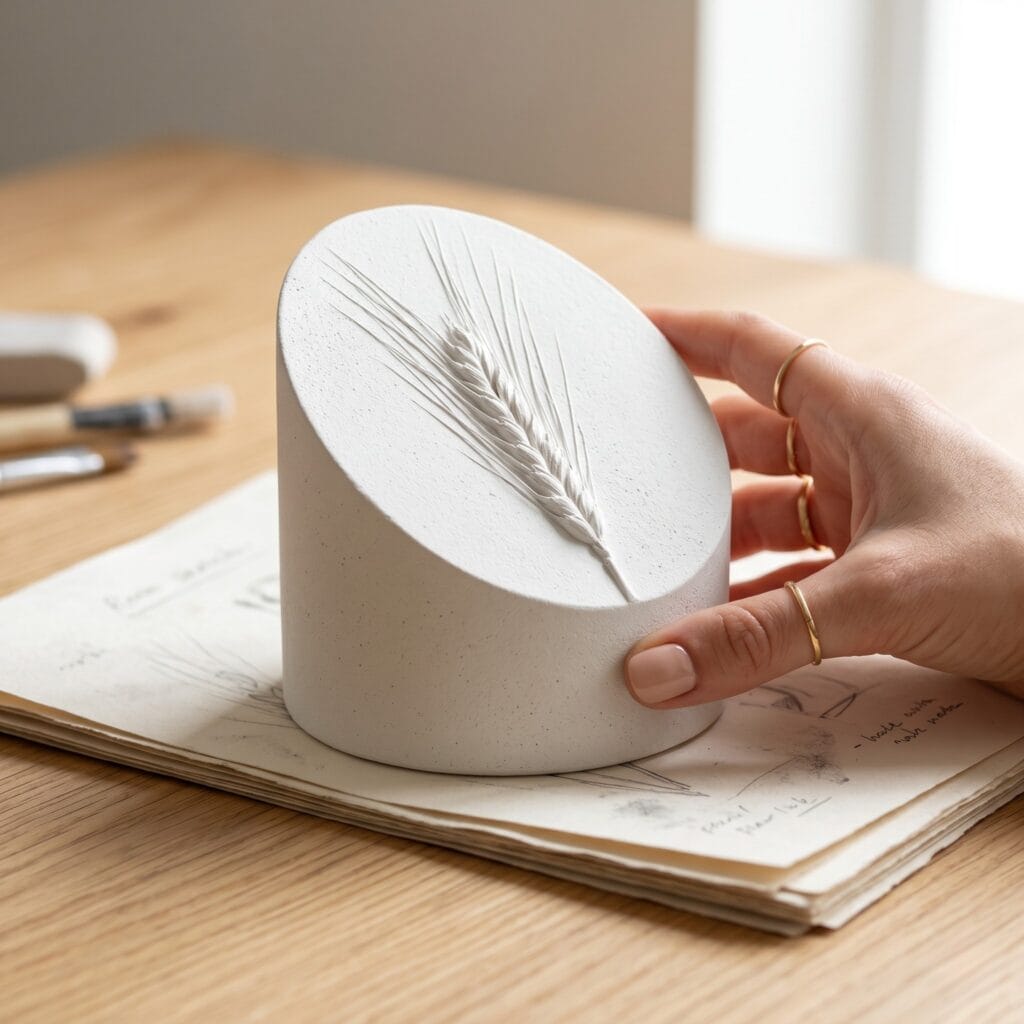 A manicured hand positioning a white cylindrical plaster desk weight with a slanted top featuring a high-relief wheat stalk impression.