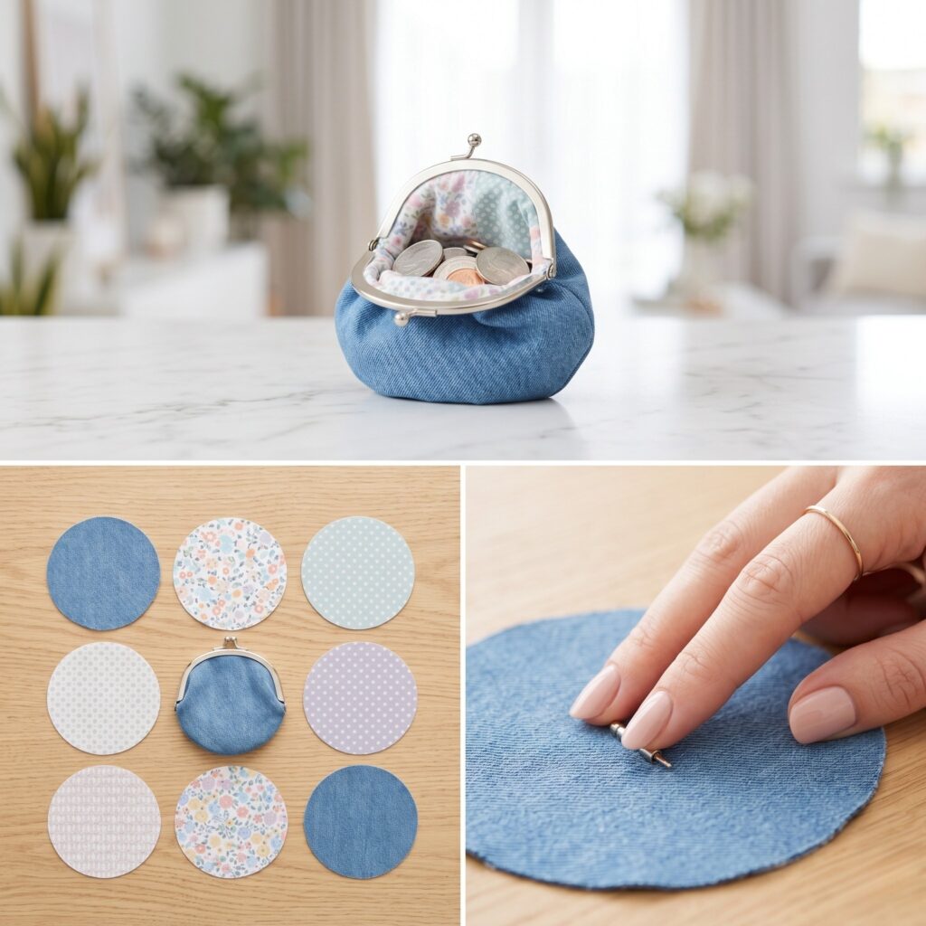 A 3-panel accessory craft layout showcasing soft blue denim circles, patterned floral lining fabric, and a manicured finger pressing a tiny metal flex frame hinge, beside the finished round squeeze coin pouch standing upright filled with metal coins.