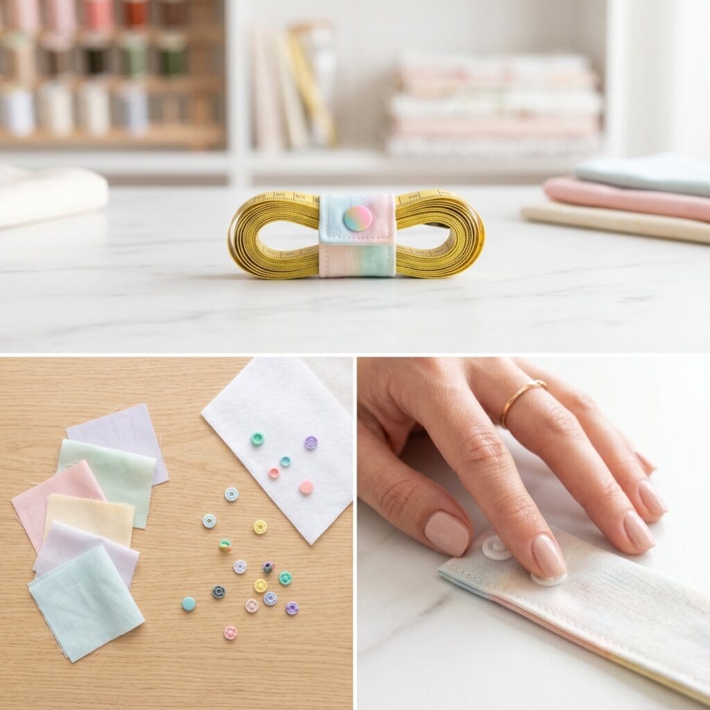 A 3-panel step-by-step layout showing stiff fabric rectangles, a hand pressing a white plastic snap, and a finished minimalist fabric cord keeper wrapped securely around a coiled yellow measuring tape on a marble desk.