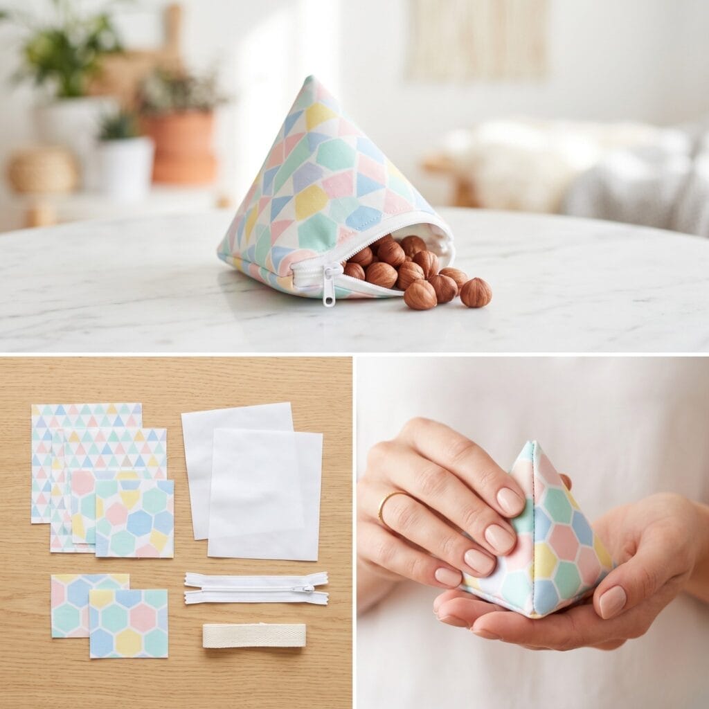 A 3-panel geometric craft layout displaying pastel triangle-patterned cotton fabrics, a white zipper, and an elegant hand holding the finished 3D pyramid pouch unzipped to show whole fresh hazelnuts inside.