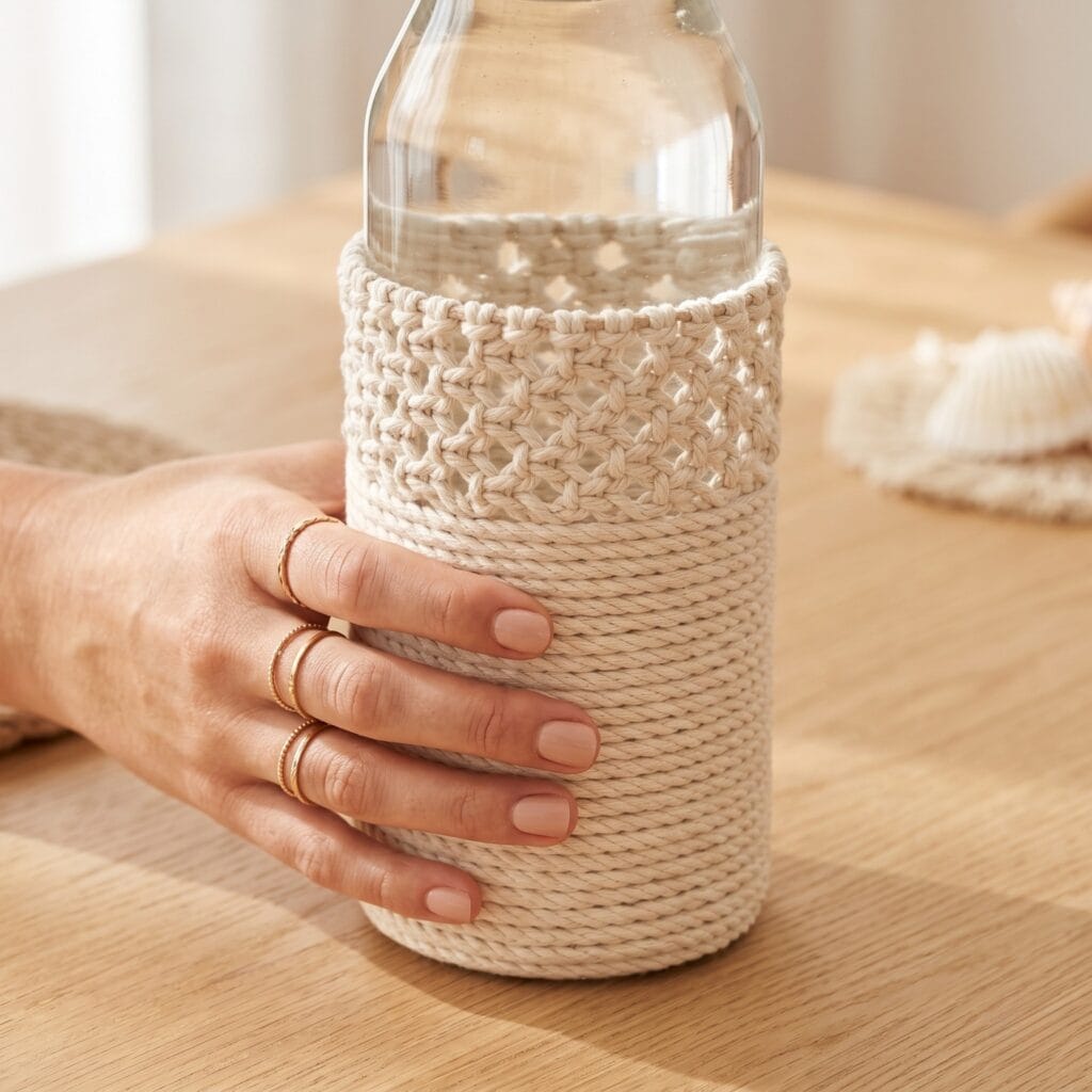 A manicured hand holding a hand-woven cotton cord carafe, created from a tall upcycled glass bottle.