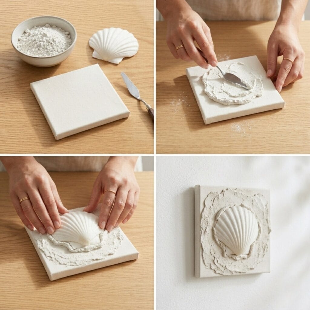 A perfectly square 2x2 photo grid tutorial showing how to make wabi-sabi wall art by pressing a large shell into textured white plaster.