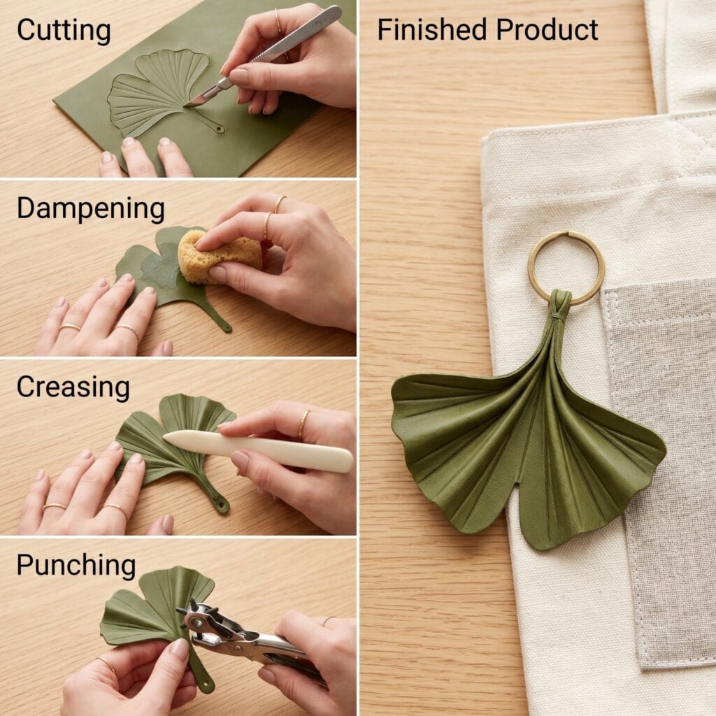 Step by step process of cutting green leather and using a bone folder tool to create structured origami folds on a ginkgo leaf charm.