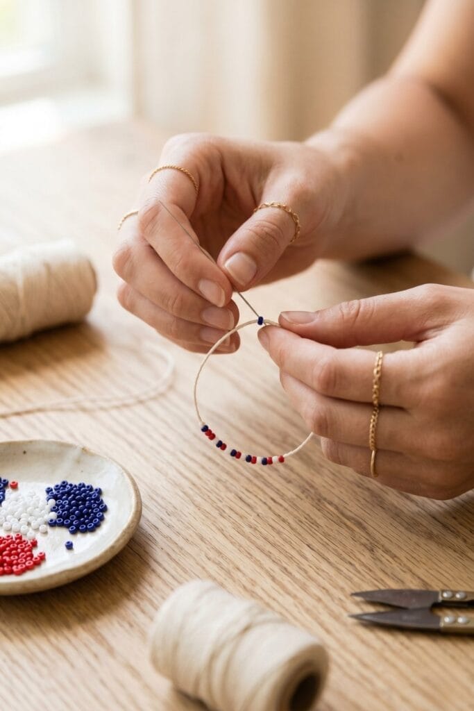 Female artisan hands threading red, white, and blue beads for 4th of July crafts.