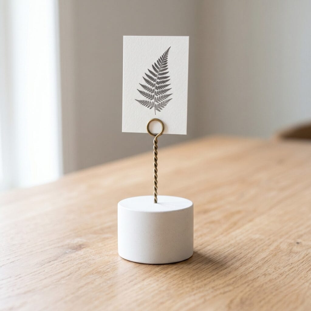 A single perfectly square photo showing an elegant minimalist photo holder with a smooth cylindrical white cement base and a twisted raw brass wire emerging from the center. It holds a small, aesthetic black and white botanical art print, resting on an oak table under soft light.