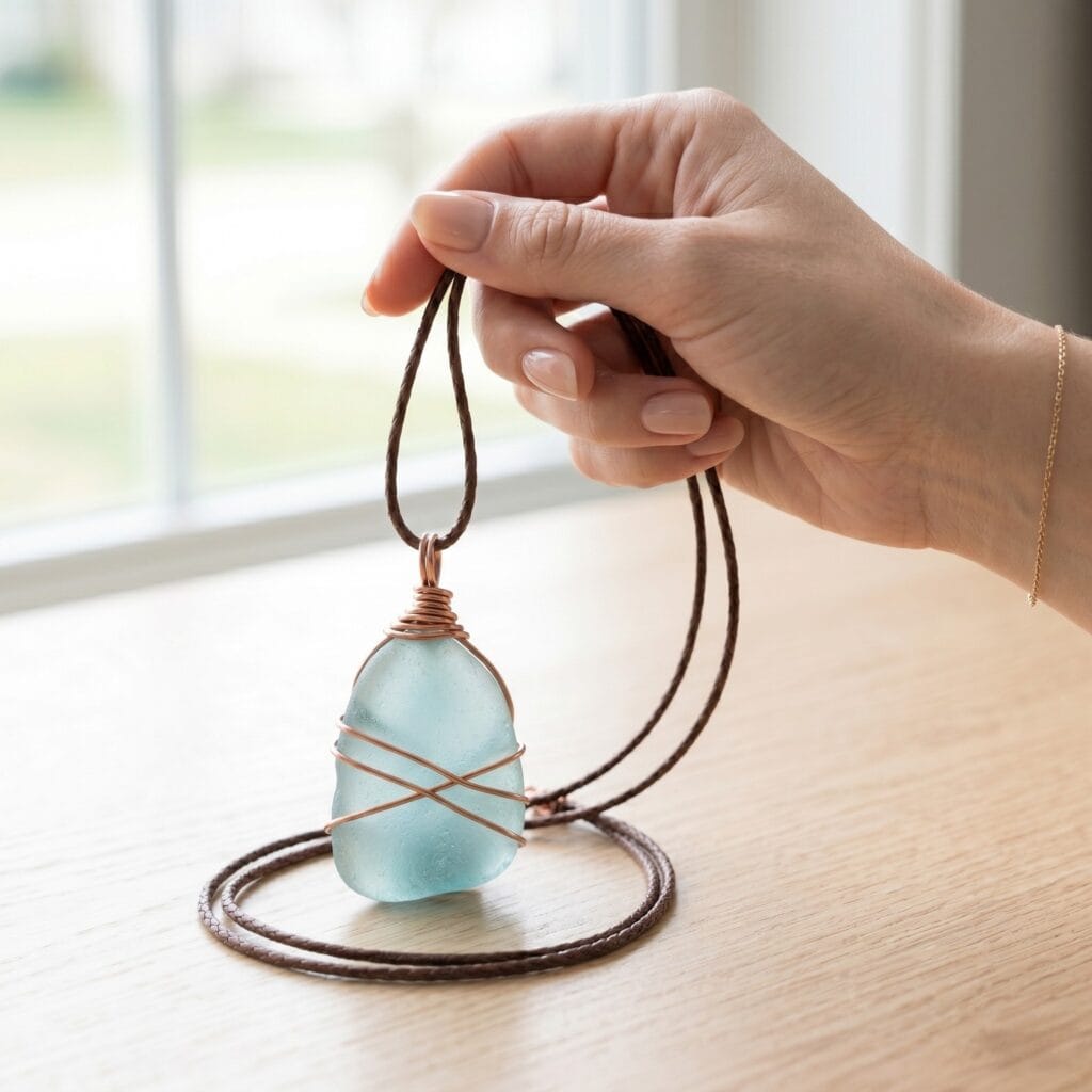 A perfectly square photo showing a beautiful piece of authentic frosted sea glass wrapped securely in raw copper wire, resting on an oak table under soft sunlight. Coastal boho jewelry aesthetic.