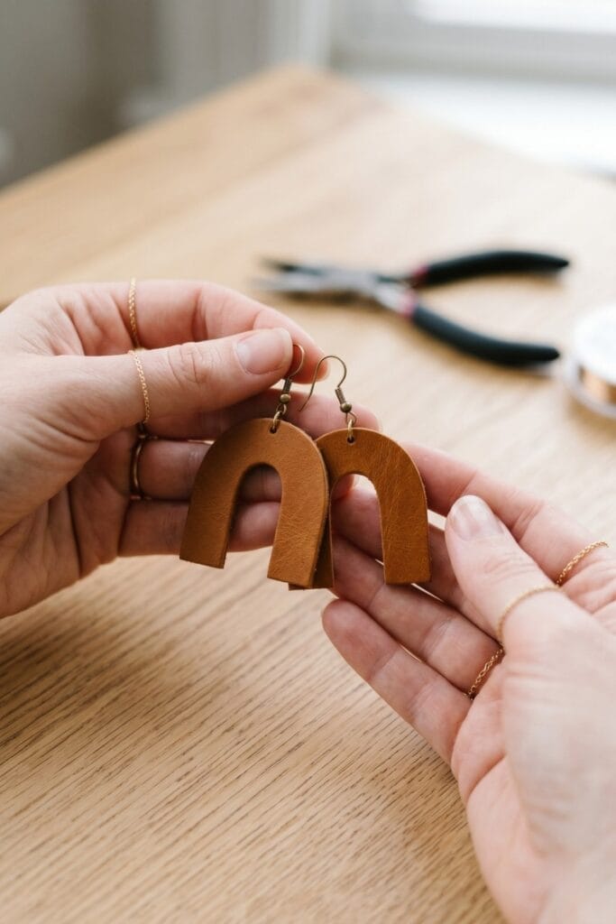 Close-up of female artisan hands holding a pair of completed geometric arch-shaped scrap leather earrings with raw brass hooks.