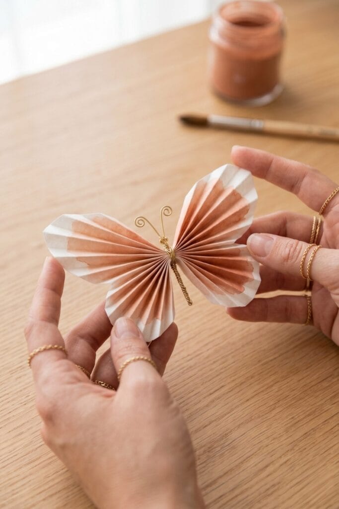 Female artisan hands using a natural hair brush to apply a monochromatic terracotta watercolor wash onto a damp coffee filter for soft blending.