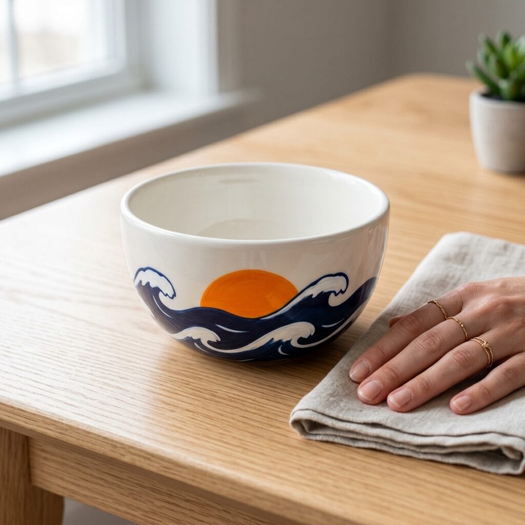 A smooth ceramic bowl hand painted with thick rolling navy blue ocean waves white seafoam and a bright orange sun rising over the water