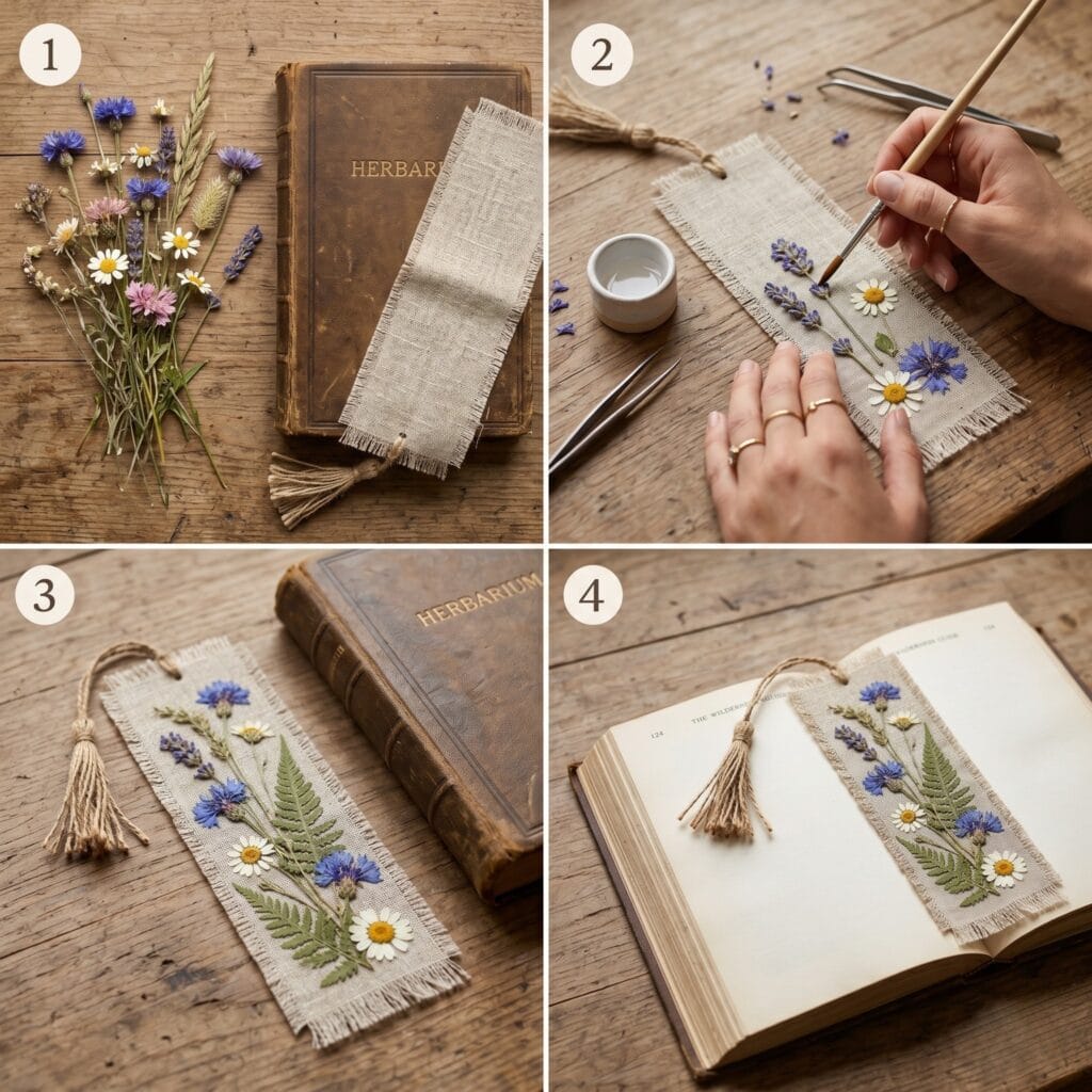 A perfectly square 1:1 photo grid tutorial showing the step-by-step DIY process of attaching pressed summer flowers to a raw linen strip.