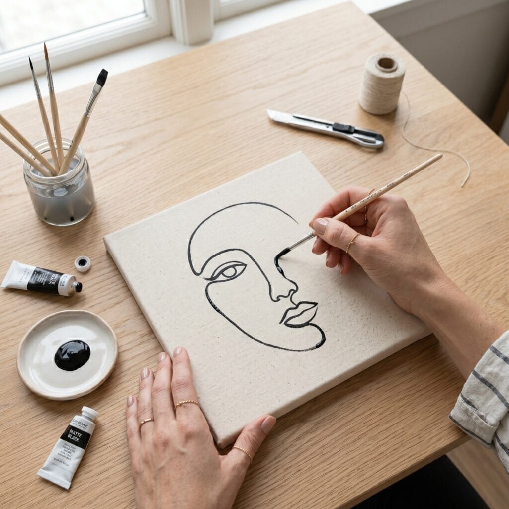 A continuous black line abstract face painted on raw canvas for DIY wall art decor