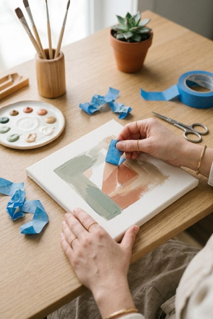 Female artisan hands removing blue painter's tape to reveal clean geometric blocks on a canvas for a modern easy painting for beginners project.