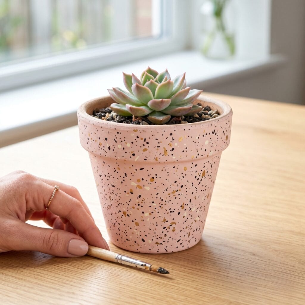 A modern hand painted terracotta pot featuring a soft pink base and tiny speckles of charcoal and gold mimicking quartz stone.
