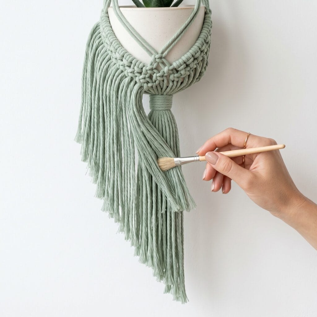 A pastel sage green macrame plant hanger with a long swept asymmetric combed fringe against a white wall.