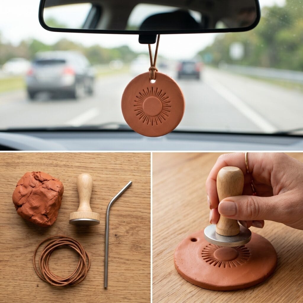 A 3-panel craft layout for terracotta clay DIY car charms, displaying raw red clay with a sunburst stamp tool, pressing the design into a round disk, and the dried clay charm hanging in a car cabin.