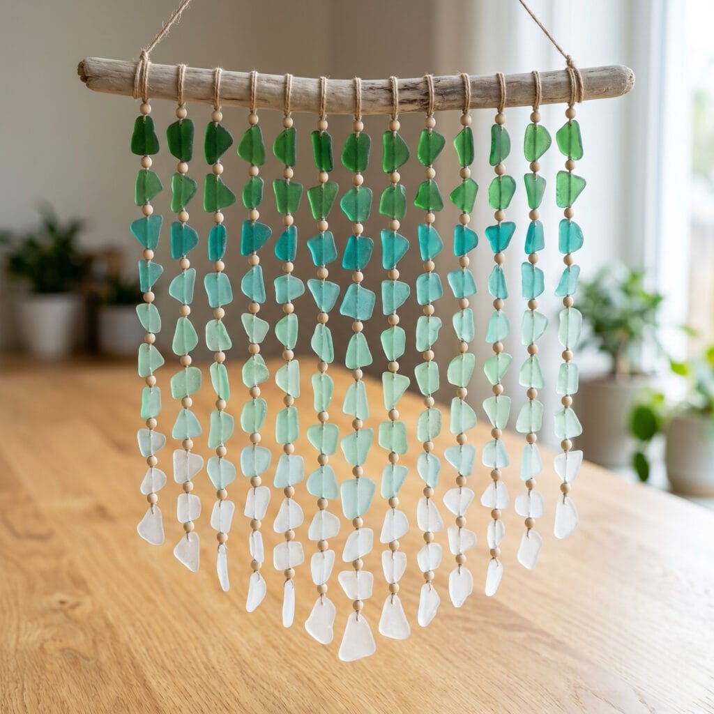 A vibrant sea glass wind chime showing a perfect color gradient from dark forest green to clear white.