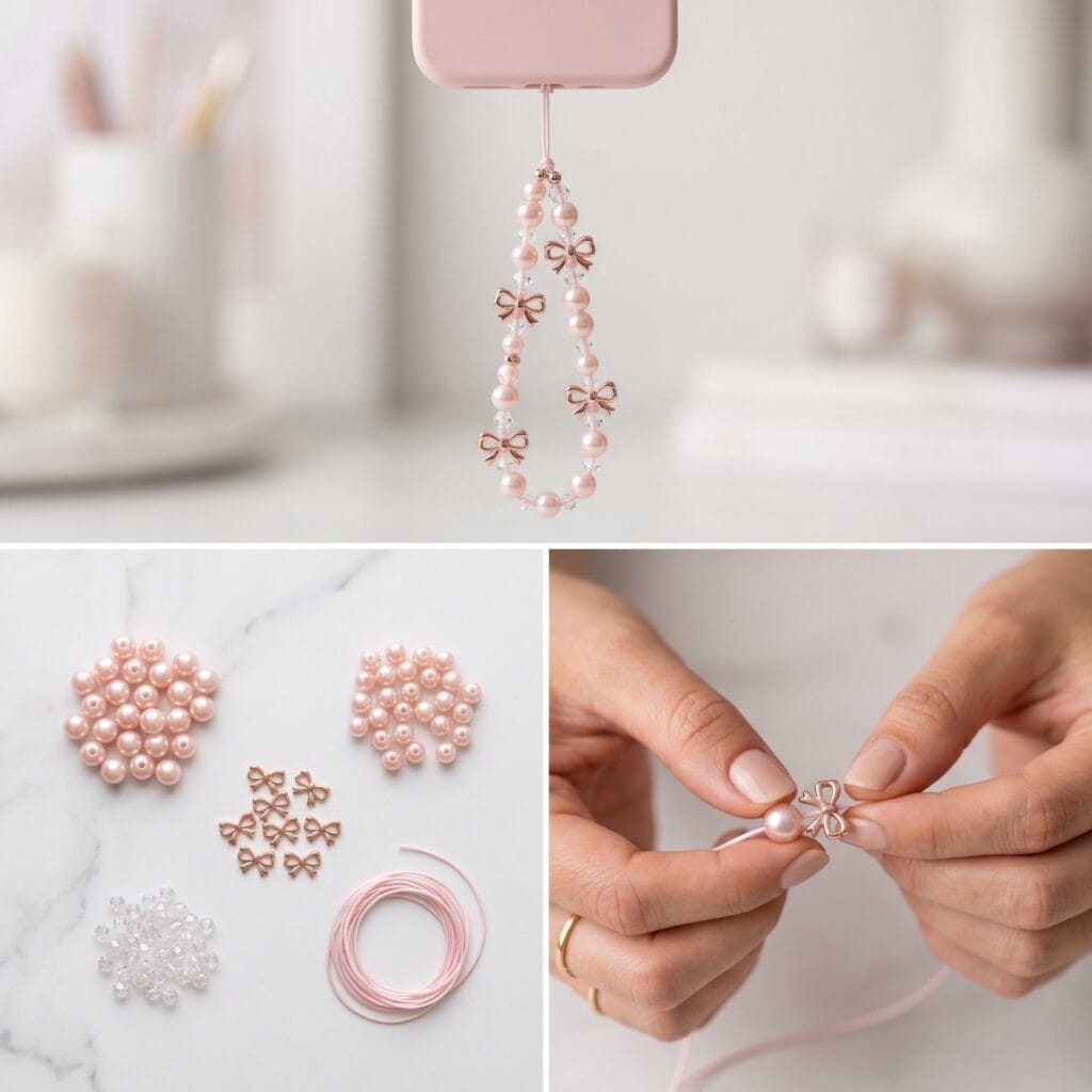 A 3-panel romantic craft layout detailing blush pink pearls and clear faceted beads, with a hand sliding a tiny rose gold metal bow charm onto a pink cord next to a smartphone case.