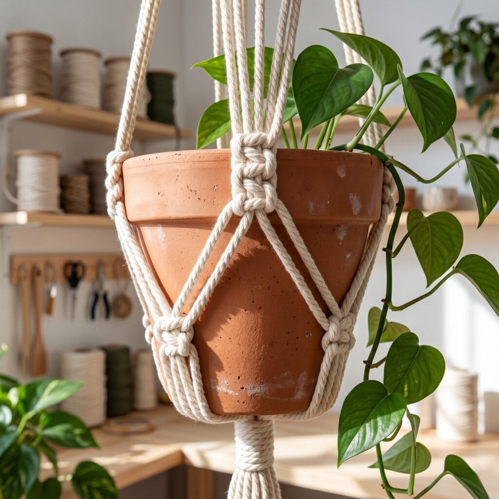 A minimalist macrame square knot hanging rope planter holding a beautiful green indoor plant.