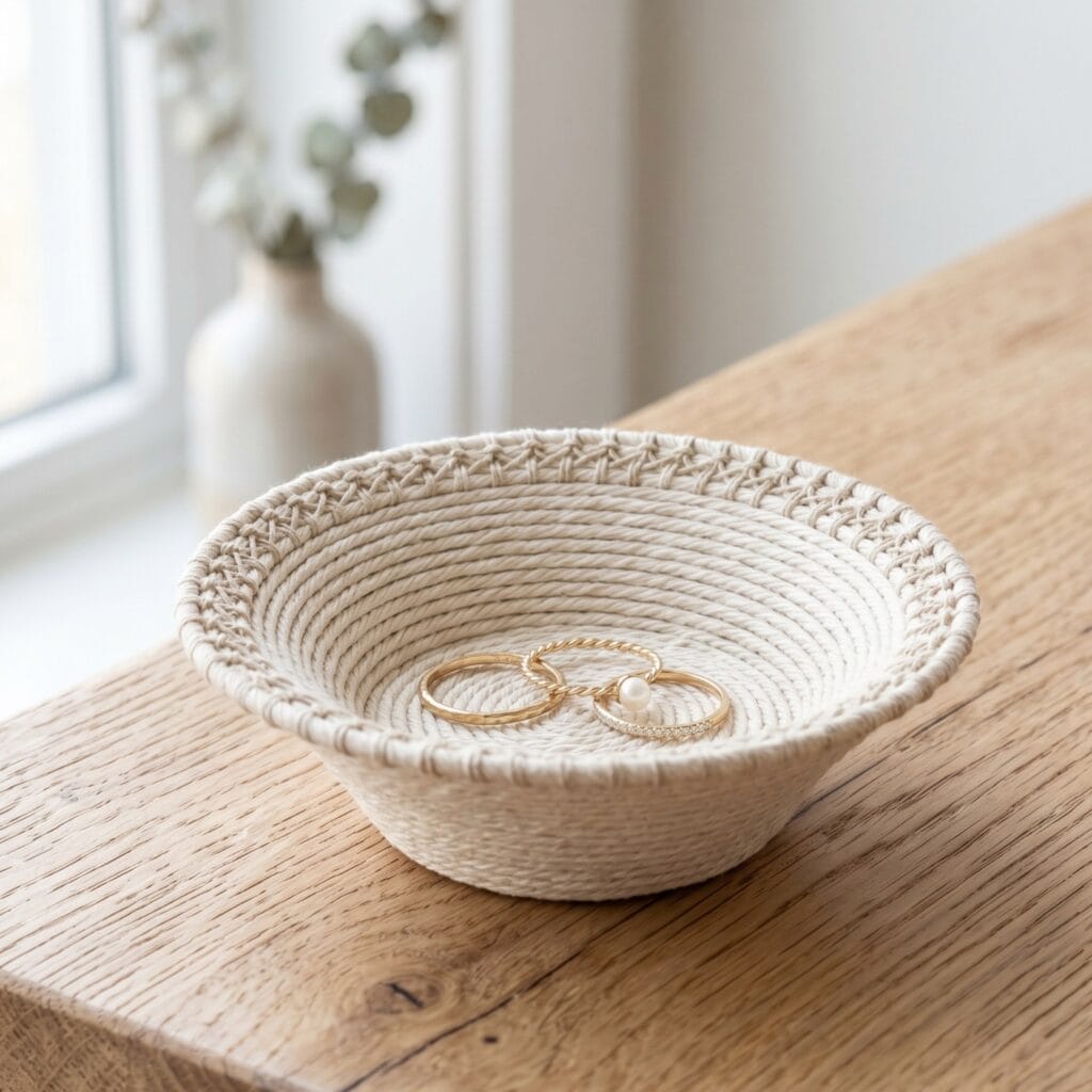 A tiny coiled cotton rope jewelry dish featuring a beautiful tapered boho style shape with fine lacing details.