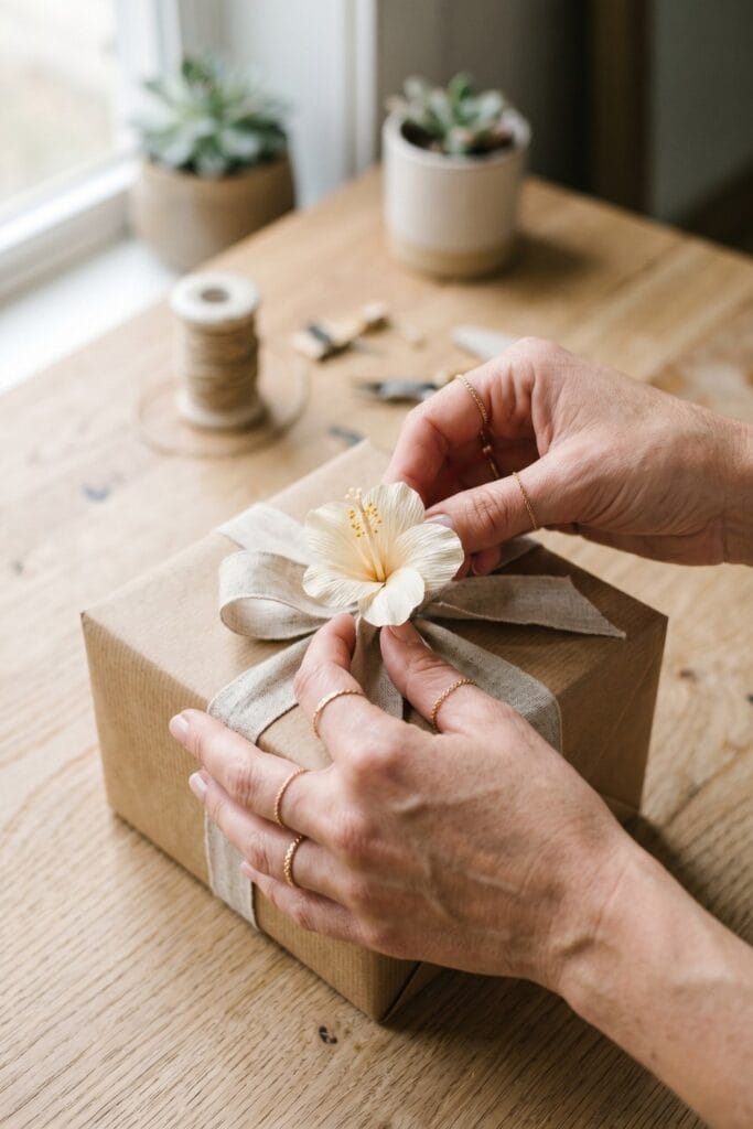 Close-up of female artisan hands adjusting a completed tiny neutral-toned paper hibiscus flower attached to a kraft paper gift box with a linen ribbon.