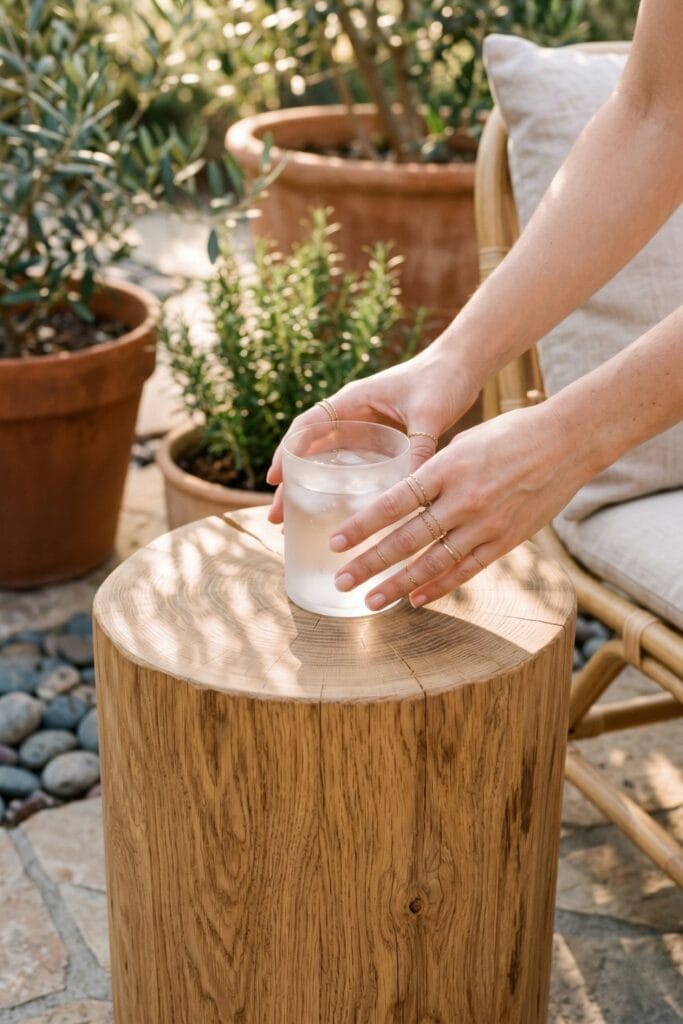 Female artisan hands placing a cold drink onto a completed perfectly sanded, solid raw oak tree stump serving as a modern minimalist side table.