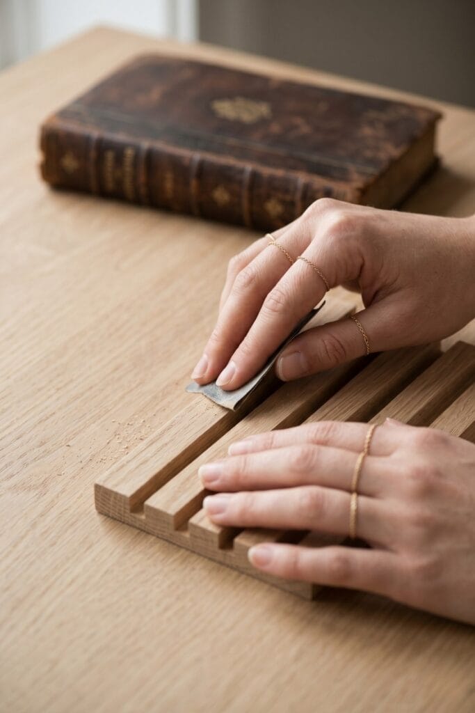 Female artisan hands sanding an oak wood slatted grill scraper for Father's Day crafts.