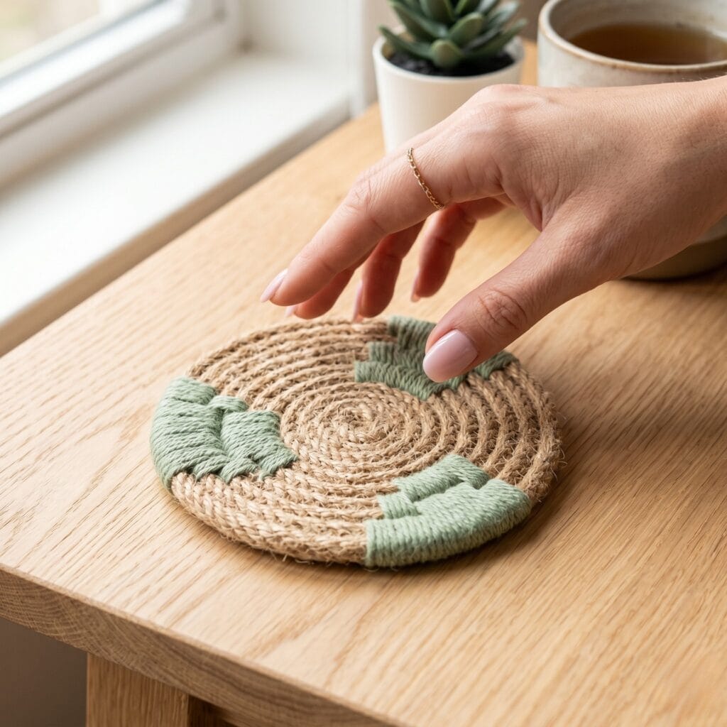 A round jute rope coaster with integrated soft sage green yarn woven between the natural jute coils to create beautiful blocks of color