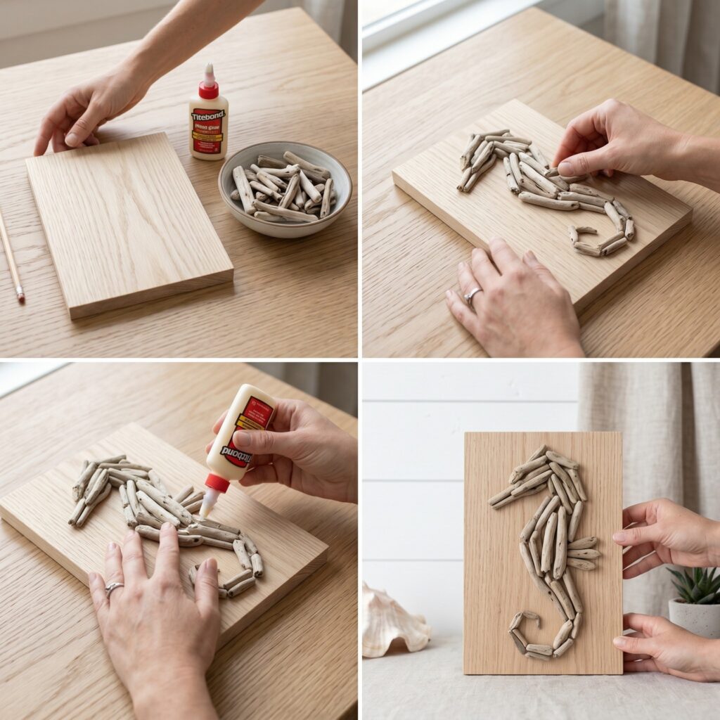 A step-by-step 2x2 photo grid tutorial showing the DIY process of creating a rustic driftwood seahorse silhouette.