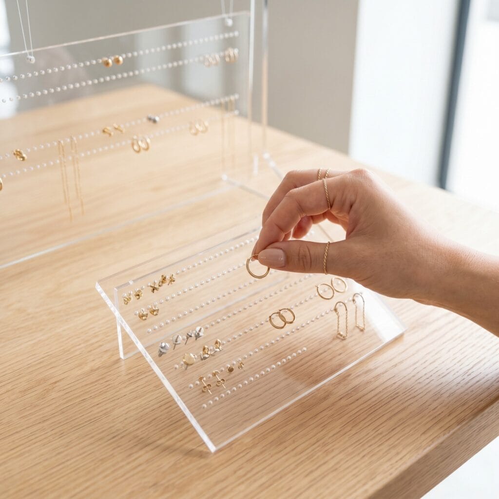Hands threading a hoop earring through micro-holes in a clear acrylic screen for an invisible jewelry display.
