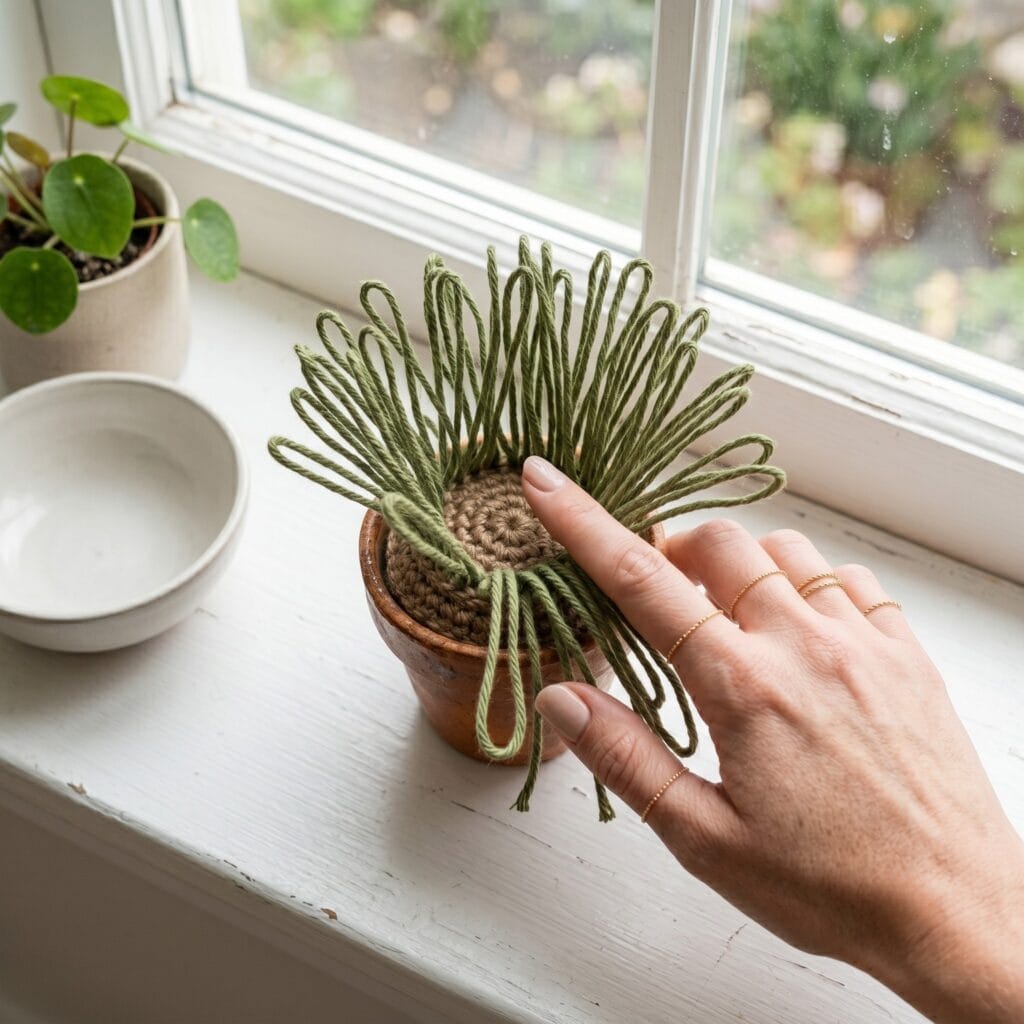 Hands running through the green yarn blades of a finished faux crochet cat grass pot on a windowsill.