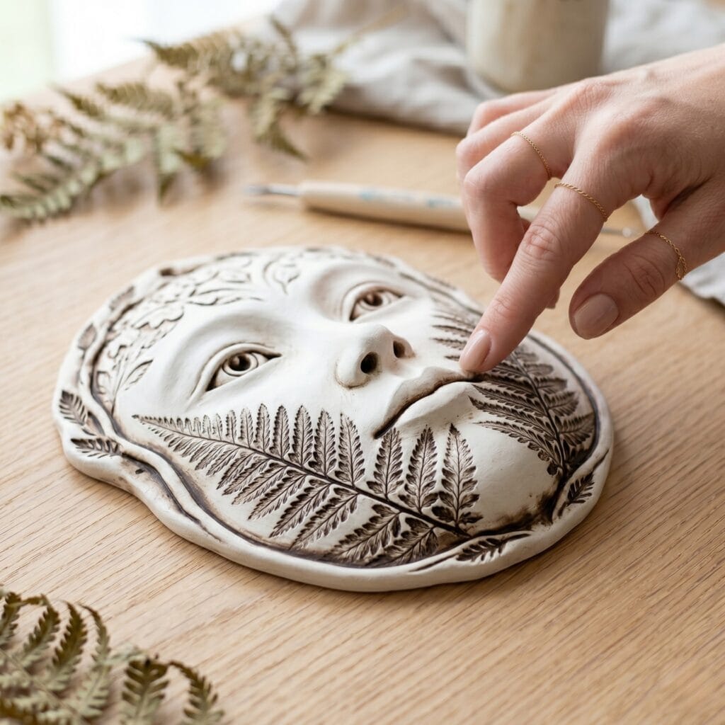 A manicured hand touching the deep fern leaf imprints on a white clay botanical face mask.