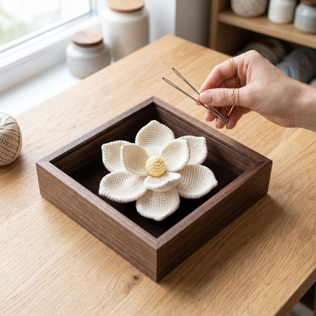 Manicured hands placing needles next to a sculptural white magnolia crochet bloom on a wooden shadow box.