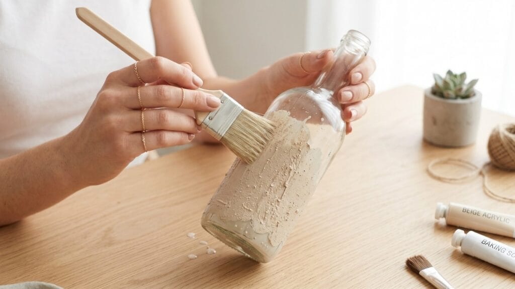 Recycled glass bottles being painted to look like matte ceramic faux pottery as a creative DIY craft.