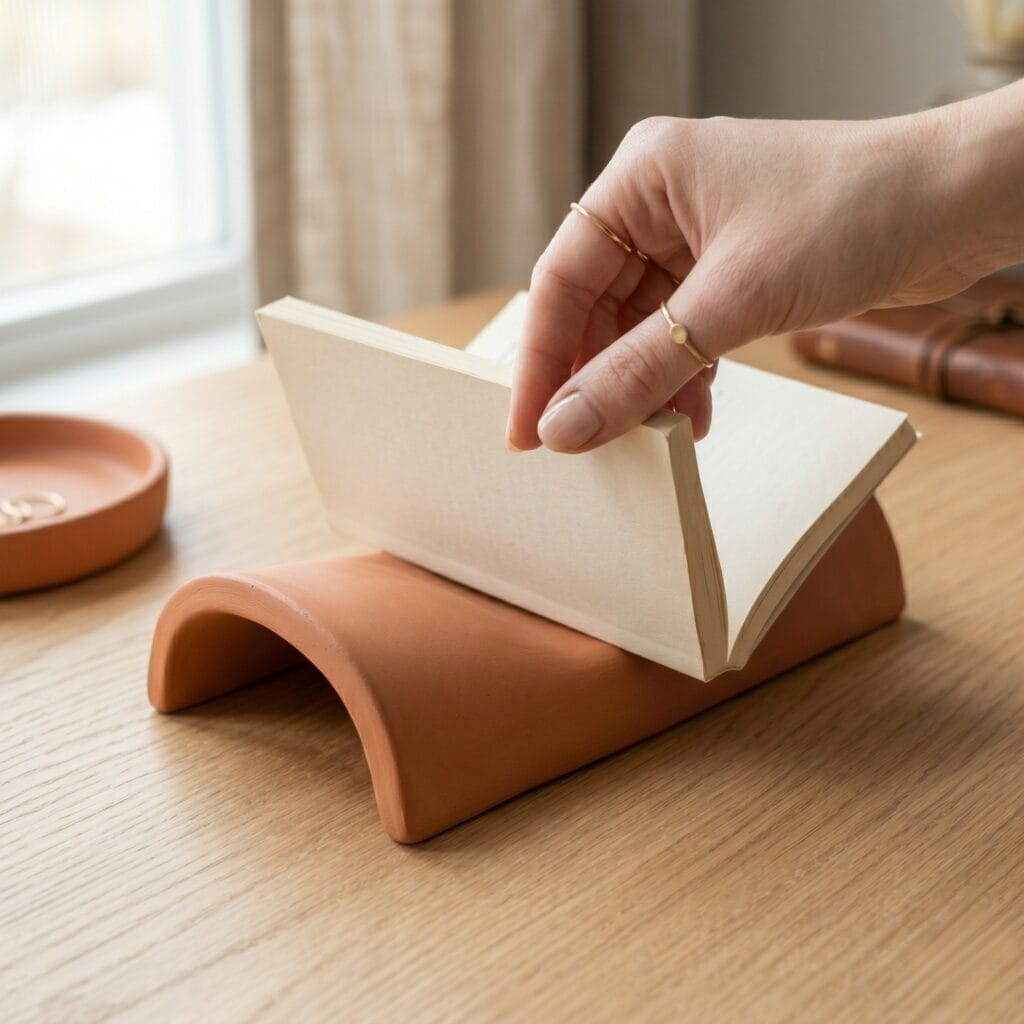 A manicured hand placing an open book face-down over a terracotta air dry clay pottery book rest cushion with a smooth porcelain finish.