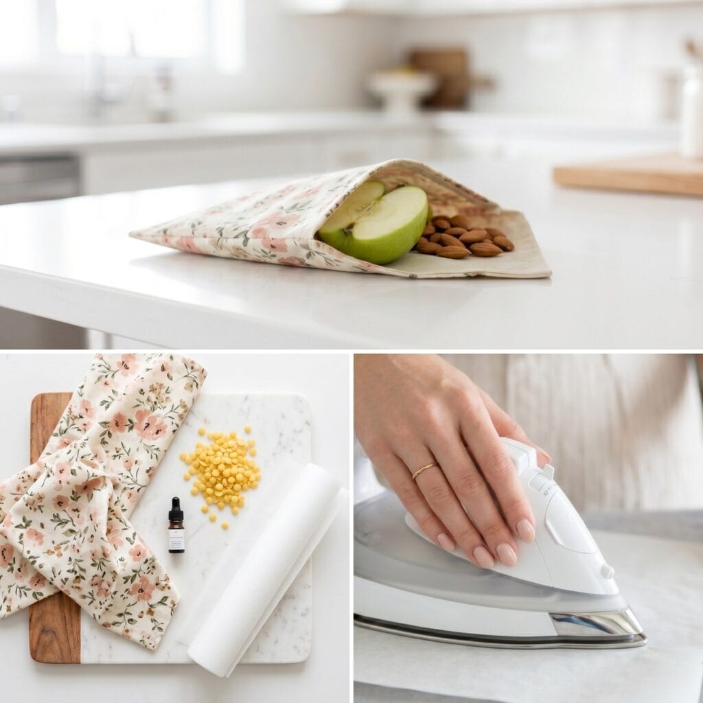 A 3-panel eco-friendly craft tutorial showcasing a pile of yellow beeswax pellets, a manicured hand smoothly sliding a white iron over parchment paper, and the final floral waxy cotton envelope holding a green apple slice and almonds.